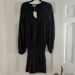 Ramy Brook Black Long-Sleeve V-Neck Smocked Waist Dress